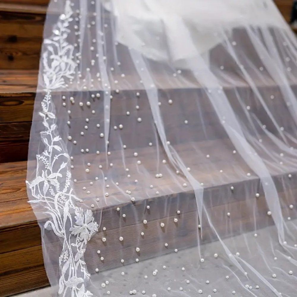 Floral Lace and Pearls Cathedral Bridal Wedding Veil With Comb Over 9' Long - Picture 4 of 7